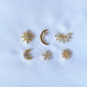 Stainless steel screw piercing - Tragus, Lobe, Helix - golden ear chip, moon, flower, zircon star - delicate, fine - gift - jewelry