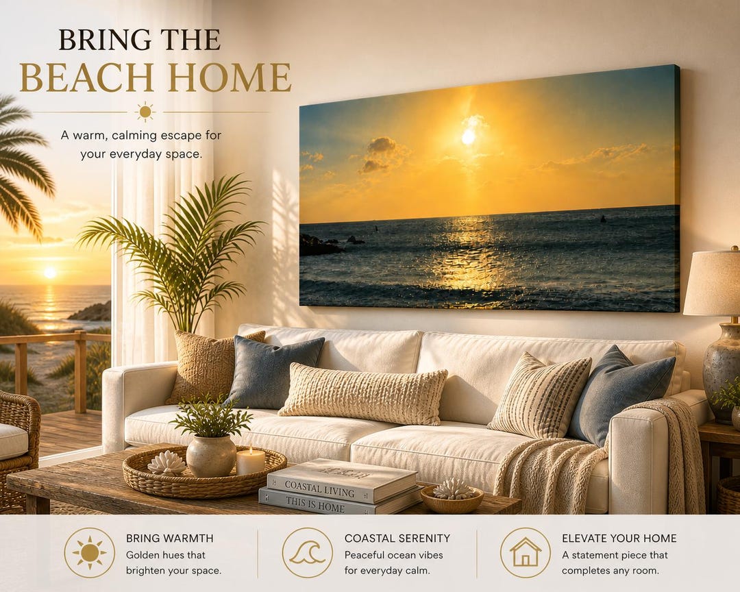 Golden Ocean Sunset Canvas Wall Art | Large 36x24 Coastal Beach Decor ...