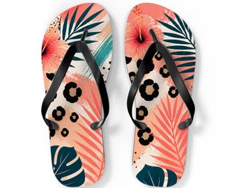 Tropical Hibiscus Floral Flip Flops | Palm Leaf Beach Sandals