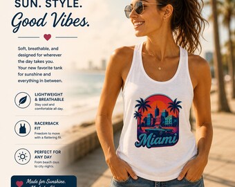 Retro Miami Skyline Palm Tree Tank Top, Women's Racerback Tee, Summer Vacation Sleeveless Shirt, Beach Tank, Tropical Graphic Muscle Tank,