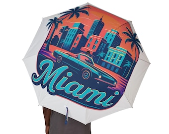 Retro Miami Beach Regenschirm | Vintage Palme Stadtbild Regenschirm | Bunter Sonnenuntergang Reiseschirm | Tropischer Regenschirm | Kunst Design