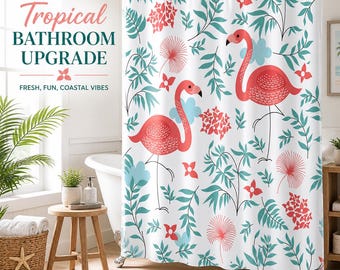 Tenda da doccia con fenicotteri tropicali – Arredamento bagno in stile casa al mare – Bagno con fenicotteri rosa – Arredamento bagno in stile costiero – Tenda da bagno estiva