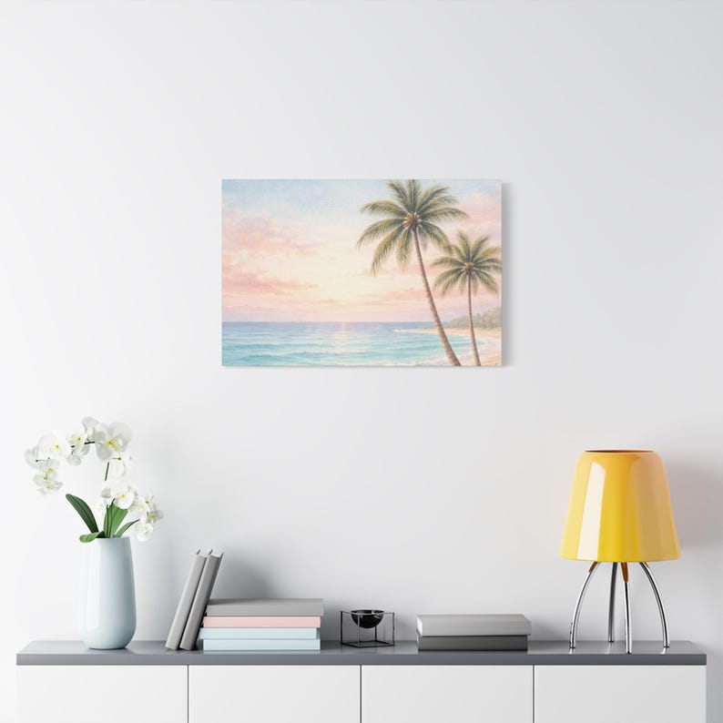 Tropical Beach Sunset Canvas Wall Art, Palm Tree Ocean Print, Coastal ...