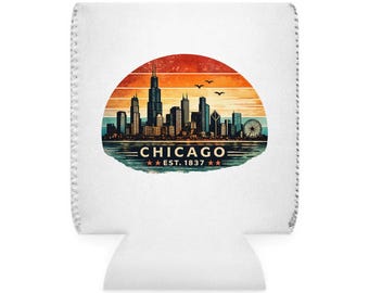 Custodia termica per lattine con skyline di Chicago / Paesaggio urbano retrò al tramonto