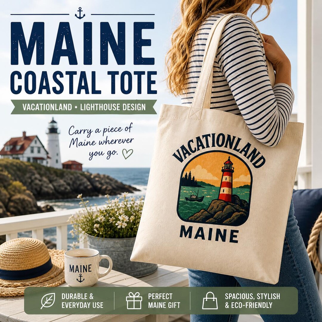 Maine Lighthouse Tote Bag, Vacationland Canvas Bag, Coastal Beach Tote ...