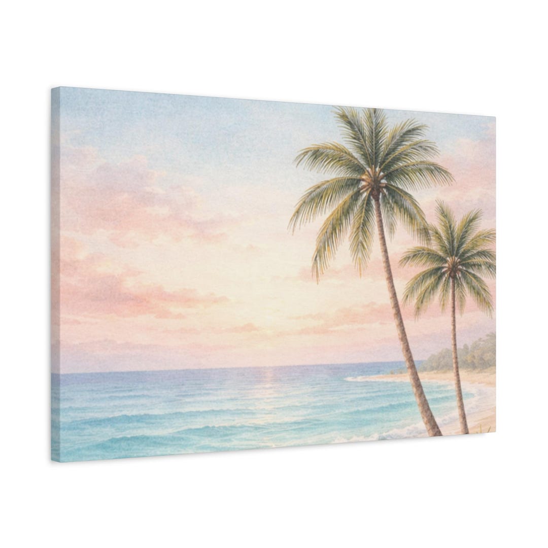 Tropical Beach Sunset Canvas Wall Art, Palm Tree Ocean Print, Coastal ...