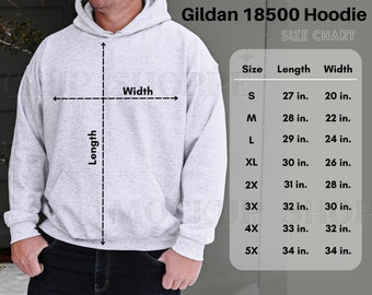 May include: A size chart for a Gildan 18500 hoodie. The chart shows the length and width of the hoodie in inches for sizes S through 5X.