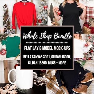May include: A digital collage featuring a red long-sleeve shirt, a black t-shirt, a green t-shirt, a white sweatshirt, and a white mug. A central black square displays the text: Whole Shop Bundle, FLAT LAY & MODEL MOCK-UPS, BELLA CANVAS 3001, GILDAN 18000, GILDAN 18500, MUGS + MORE.