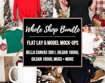 May include: A digital collage featuring a red long-sleeve shirt, a black t-shirt, a green t-shirt, a white sweatshirt, and a white mug. A central black square displays the text: Whole Shop Bundle, FLAT LAY & MODEL MOCK-UPS, BELLA CANVAS 3001, GILDAN 18000, GILDAN 18500, MUGS + MORE.