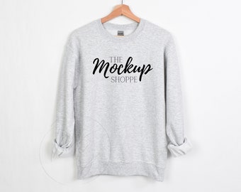 Gildan 18000 mockup Ash, hanging Gildan mockup, 18000 Gildan heavy cotton mockup, simple sweater lifestyle mockup, 18000 sweatshirt mockup