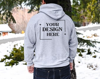 Gildan 18500 men's model mockup, Sport Grey, Gildan hoodie mockup, 18500 Gildan heavy blend, lifestyle mockup, back of sweatshirt mock-up
