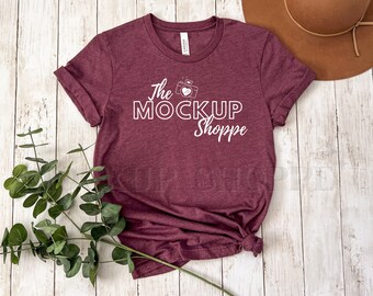 Bella Canvas 3001 mockup, Heather Maroon, Bella mockup, Boho Tshirt flat lay mockup, 3001 mockup, women's lifestyle mockup, digital mockup
