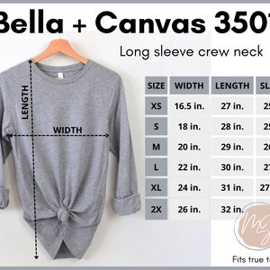 Bella Canvas 3501 size chart, 3501 long sleeve mockup, Bella Canvas unisex size chart, B+C long sleeve hanging mockup, simple size chart