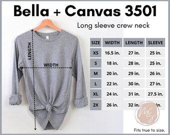 Bella Canvas 3501 size chart, 3501 long sleeve mockup, Bella Canvas unisex size chart, B+C long sleeve hanging mockup, simple size chart