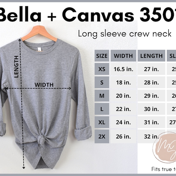 Bella Canvas 3501 size chart, 3501 long sleeve mockup, Bella Canvas unisex size chart, B+C long sleeve hanging mockup, simple size chart