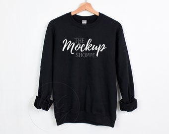 Gildan 18000 mockup Black, hanging Gildan mockup, 18000 Gildan heavy cotton mockup, simple sweater lifestyle mockup, 18000 sweatshirt mockup