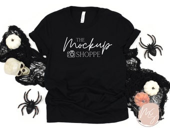 Maqueta de Halloween, maqueta de lienzo Bella Canvas 3001 negro, plantilla de maqueta de Bella, maqueta de camiseta de otoño, maqueta de estilo de vida sencillo, descarga digital