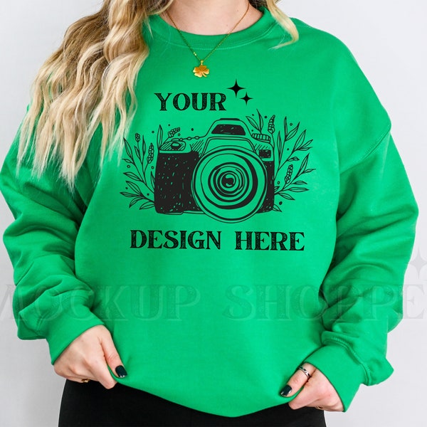 Irish Green, St. Patricks Day mock-up, Gildan 18000 model mockup, women's Gildan mockup, 18000 Gildan heavy blend mockup, lifestyle mockup