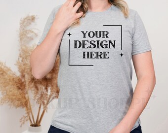 Gildan 64000 model mockup, Sport Grey, 64000 soft-style mockup Boho, simple Gildan mockup, womens crewneck tshirt, lifestyle mockup, digital