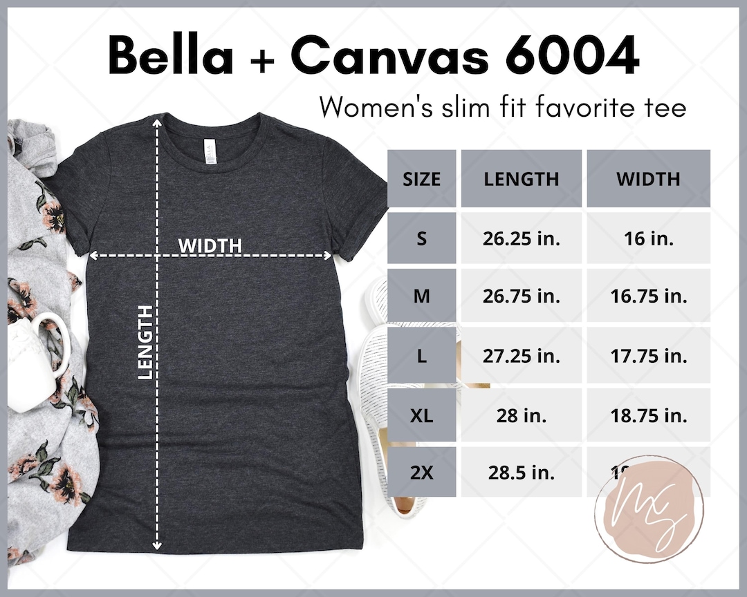 Bella Canvas 6004 Size Chart, 6004 Mockup, Women's Slim Fit Size Chart