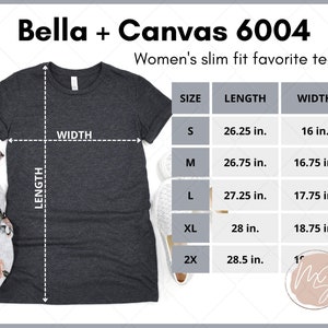 Tabla de tallas Bella Canvas 6004, maqueta 6004, tabla de tallas de ajuste delgado para mujer, tabla de tallas Bella Canvas, tabla de tallas Bella Mockup, camiseta para mujer