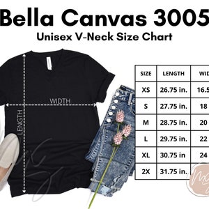 Bella Canvas 3005 V-Neck Size Chart | 3001 Bella Mockup | Unisex Vneck Size Chart | Bella Canvas Size Chart Flat Lay | Simple Black & White