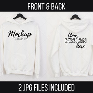 May include: White hooded sweatshirt mockup with the text "The MockUp Shoppe" on the front and "Your Design Here" on the back.