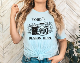 3001 model mockup, Heather Ice Blue, Bella Canvas 3001 mockup, Bella mockup template, simple Spring lifestyle mockup, digital download