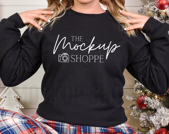 Christmas Mockup, Black, Gildan 18000 model mock-up, Gildan sweatshirt mockup winter, 18000 heavy blend crewneck flat lay, lifestyle mock up