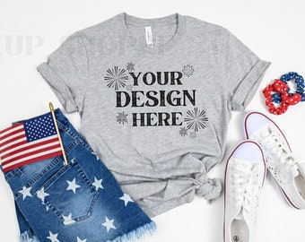 4th of July mockup, Athletic Heather, Bella Canvas 3001 mockup, Bella mockup template, womens flat lay, lifestyle mockup, digital download