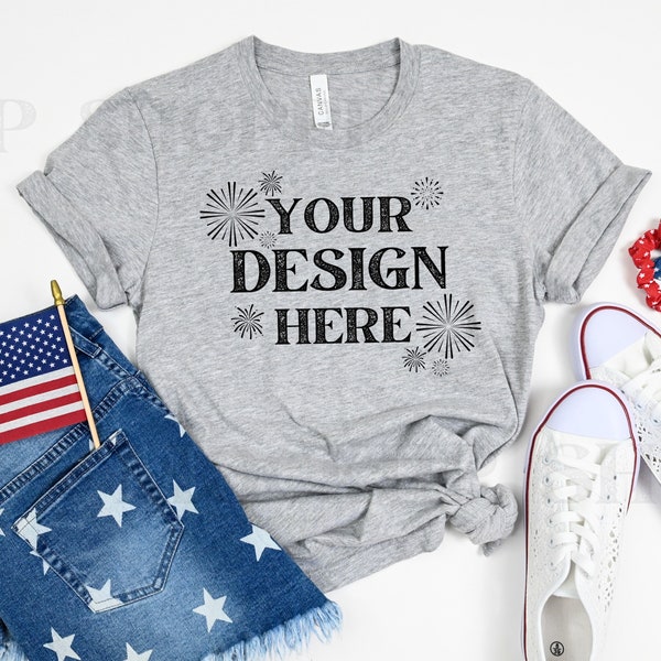 4th of July mockup, Athletic Heather, Bella Canvas 3001 mockup, Bella mockup template, womens flat lay, lifestyle mockup, digital download