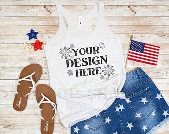 Next Level 6733 4th of July mockup, Heather White, Next Level 6733 flat lay, beach summer lifestyle mockup, 6733 tri blend racerback