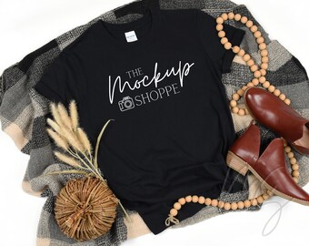 Gildan 64000 Fall mockup Black, Gildan softstyle tshirt mockup, 64000 mockup flat lay, lifestyle mockup, simple autumn styled mock ups