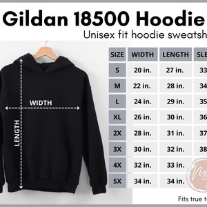 Gildan 18500 Size Chart, 18500 Hoodie Mockup, Unisex Size Chart, Gildan ...