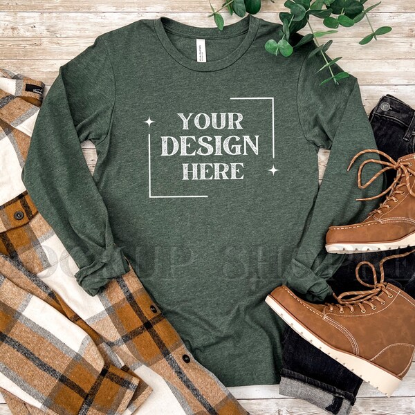 Bella Canvas 3501 Fall mockup, Heather Forest, Bella long sleeve mock-up, 3501 mock-up, Fall Tshirt flat lay, Boho lifestyle mockup