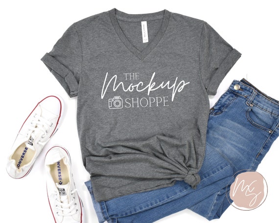 3005 Deep Heather, Bella Canvas 3005 mockup, Vneck mockup, spring flat lay, lifestyle mockup, 3005 V-neck, summer Tshirt, digital mockup