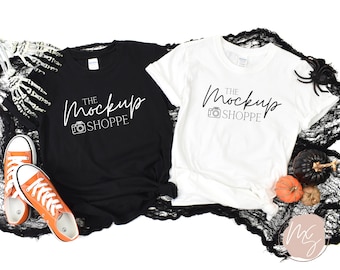 Group Halloween mockup, Black and White, Gildan 64000 softstyle mockup duo, 64000 mockup flat lay, lifestyle mockup, fall styled mock ups