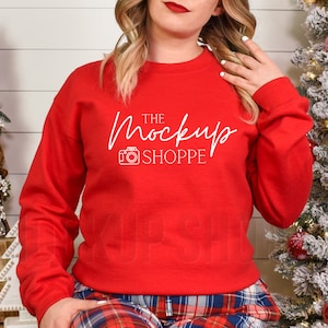 Christmas mockup, Red, Gildan 18000 model mock-up, Gildan sweatshirt mockup winter, 18000 heavy blend crewneck flat lay, lifestyle mock up