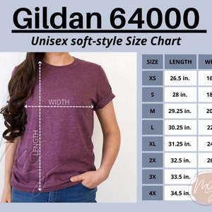 Gildan 64000 size chart, 64000 mockup, unisex size chart, Gildan soft-style size chart, crew neck tshirt, model mockup, simple size chart