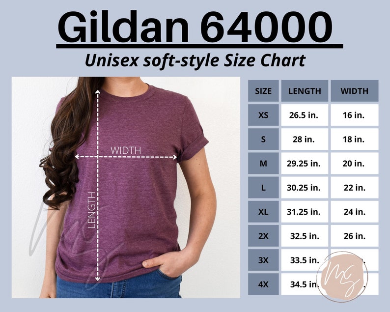 May include: A size chart for Gildan 64000 unisex soft-style t-shirts. The chart shows the measurements in inches for XS, S, M, L, XL, 2X, 3X, and 4X sizes. The measurements include length and width.