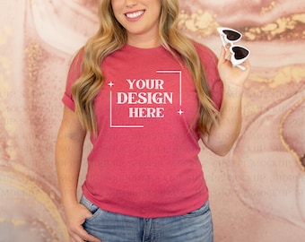 Bella Canvas 3001 model mockup, Heather Raspberry, Bella mockup, Valentine's Day Tshirt mock-up, 3001 mockup, trendy Vday lifestyle mockup