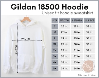 Gildan 18500 size chart, 18500 Hoodie mockup, unisex size chart, Gildan heavy cotton, Hoodie sweatshirt, model mockup, simple size chart