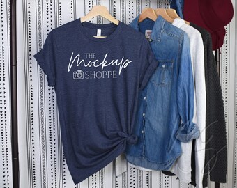 Heather Navy Bella Canvas 3001 mockup, 3001 mockup hanging boho, hanging t-shirt mockup, Bella Canvas styled flat lay, lifestyle mockup