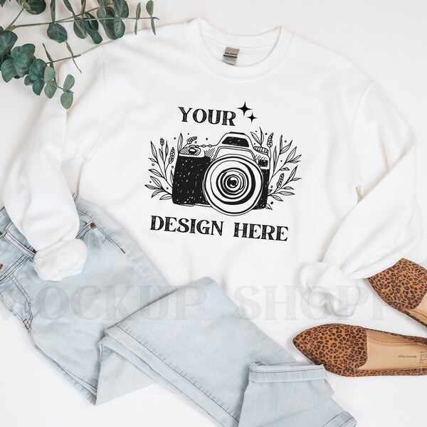 Gildan 18000 mockup White, Gildan mockup, 18000 Gildan heavy cotton flat lay mockup, cute sweater lifestyle mockup, 18000 sweatshirt mockup