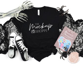 Black Heather, maqueta de Halloween, maqueta Bella Canvas 3001, plantilla de maqueta Bella, diseño plano de camiseta de otoño, maqueta de estilo de vida, descarga digital