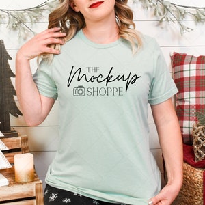 Christmas model mockup, Heather Sage, Bella Canvas 3001 mockup, Bella mockup template, festive holiday lifestyle mockup, digital download
