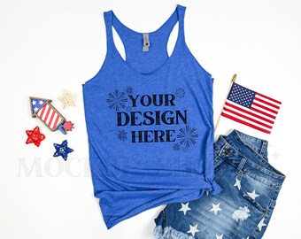 Next Level 6733 4th of July mockup, Vintage Royal, Next Level 6733 flat lay, Patriotic summer mockup, lifestyle mockup, tri blend racerback