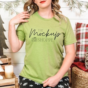 Christmas model mockup, Heather Green, Bella Canvas 3001 mockup, Bella mockup template, holiday mockup, lifestyle mockup, digital download