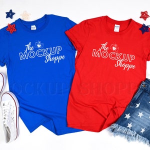 4th of July, Gildan 64000 group mockup, Red, Royal, Gildan softstyle tshirt mockup, 64000 mockup flat lay, patriotic styled lifestyle mockup