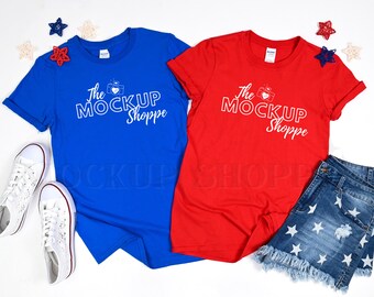 4th of July, Gildan 64000 group mockup, Red, Royal, Gildan softstyle tshirt mockup, 64000 mockup flat lay, patriotic styled lifestyle mockup